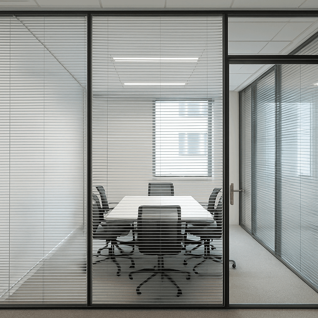 Integrated blinds sealed inside a commercial office glass partition
