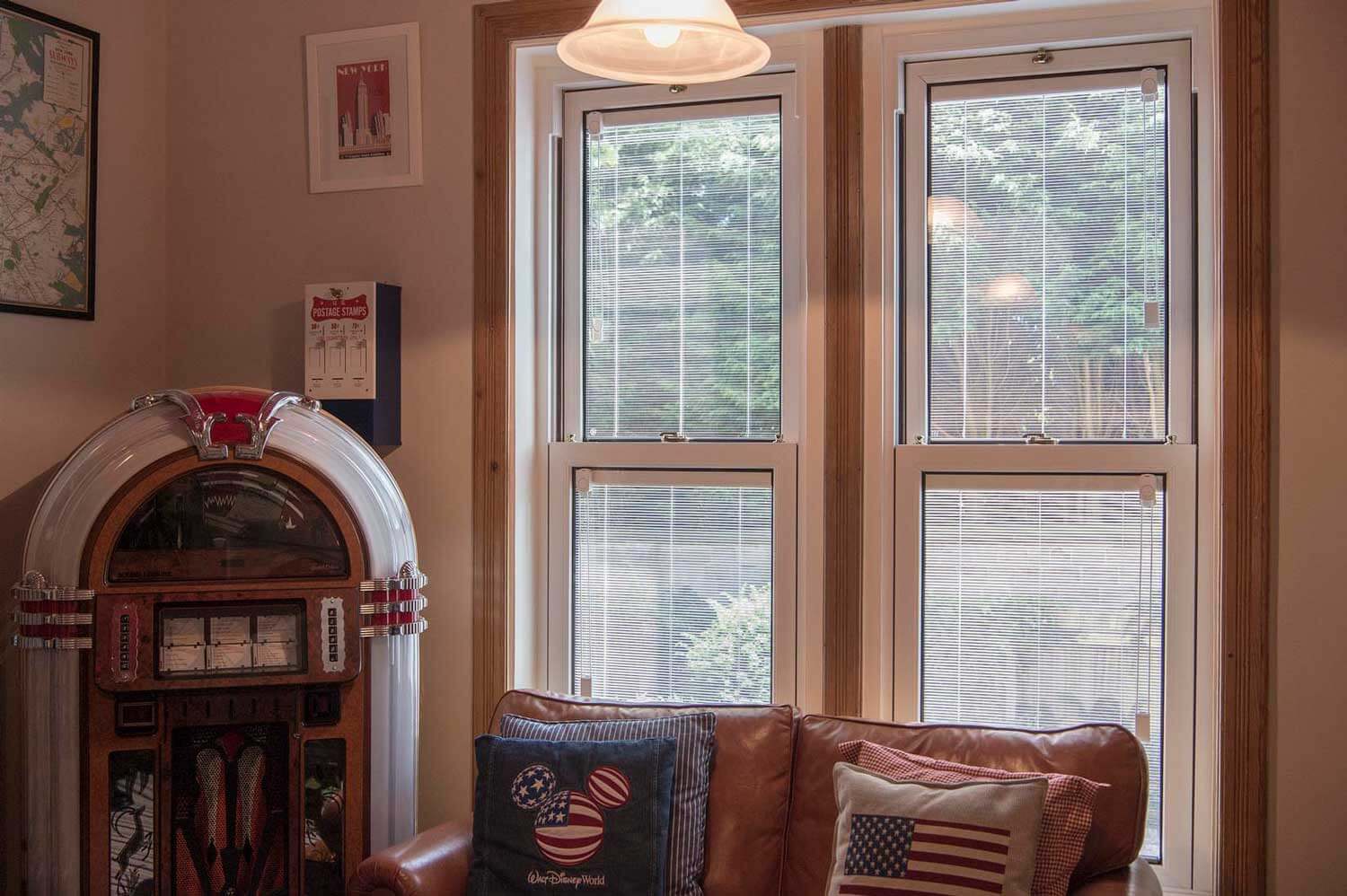Blinds in Glass in Baldock: integral blinds in a games-room bay window