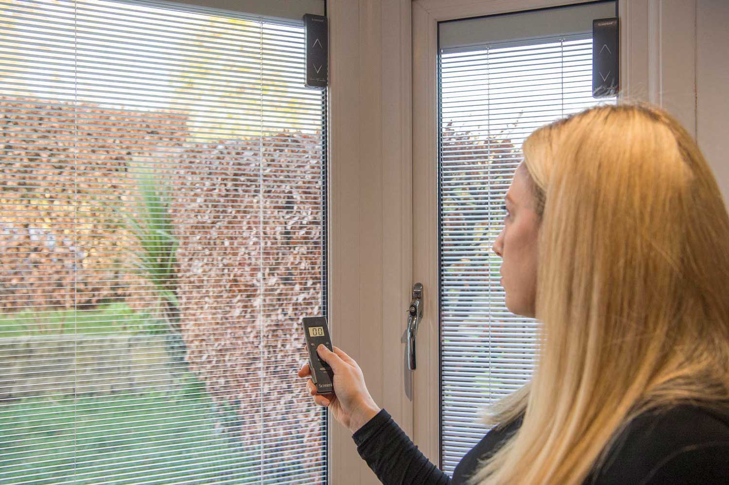 Blinds in Glass in Baldock: handheld remote control for integral blinds in French doors