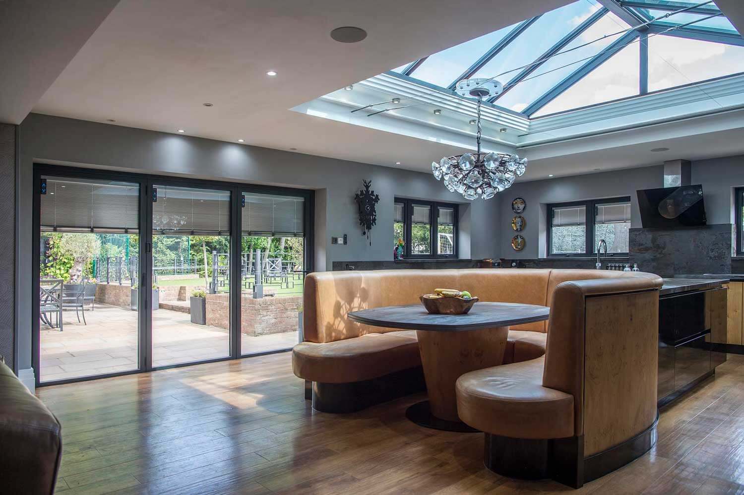 Blinds in Glass in Baldock: integral blinds in a kitchen diner with a lantern roof