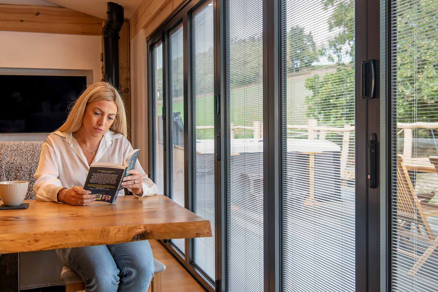 Blinds in Glass in Baldock: integral blinds in lodge bifold doors beside a reading table