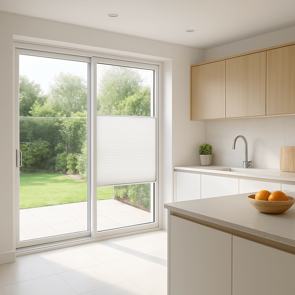 Kitchen doors with integral blinds sealed inside replacement glass units.