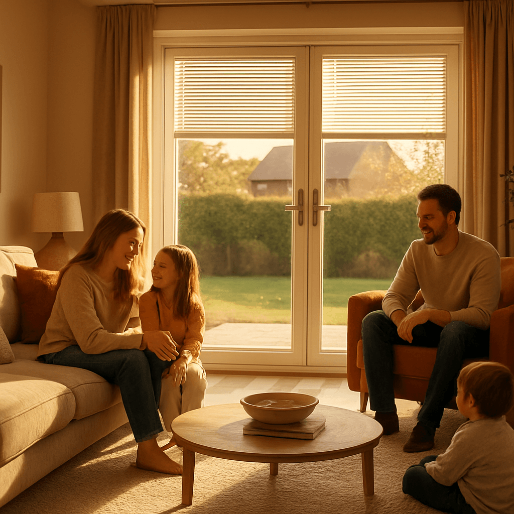 Warm family living room with blinds integrated inside large glass doors