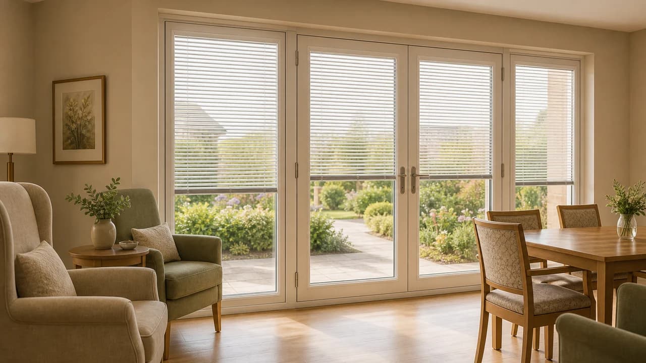 Care home lounge doors with privacy blinds sealed inside the glass
