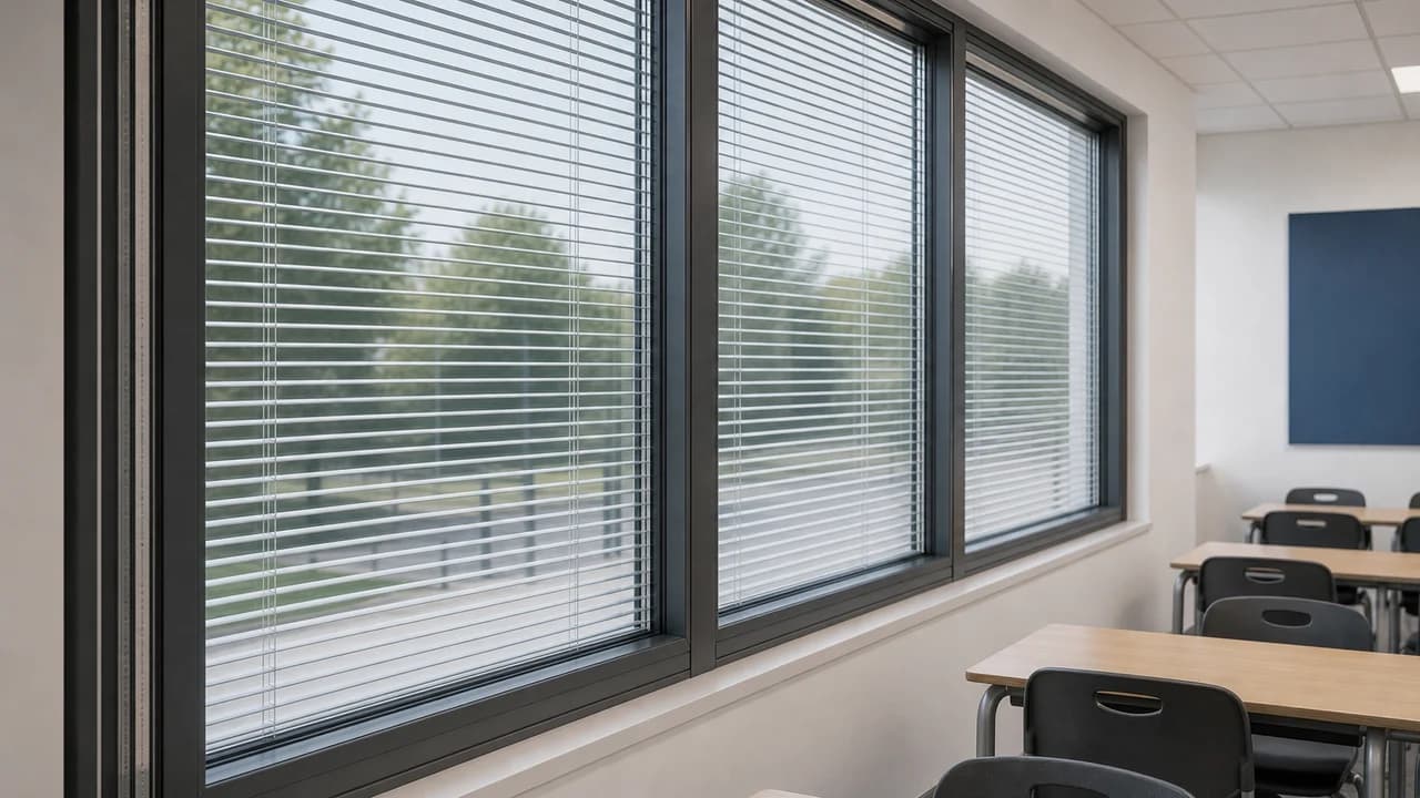 Classroom windows with venetian blinds sealed inside the glass for glare control