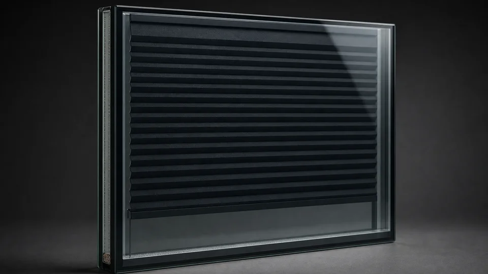 Blackout pleated fabric blind sealed between panes of a double-glazed unit
