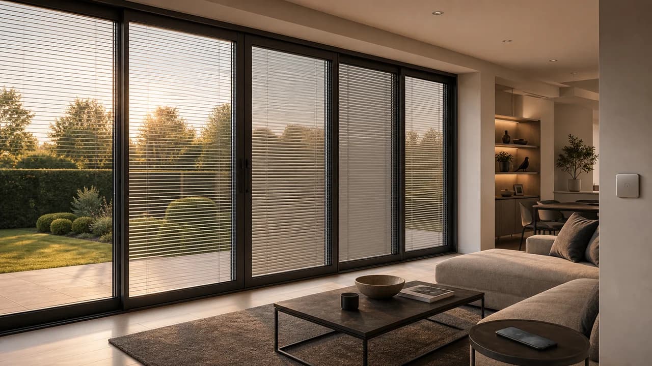 Large glazed living-room doors with electric blinds sealed inside the glass