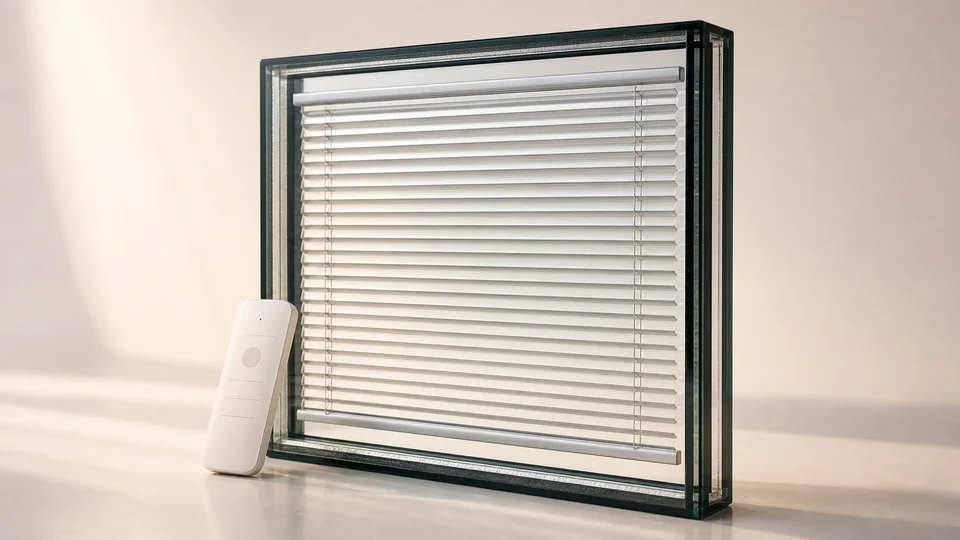Motorised blinds sealed inside a glass unit with remote control
