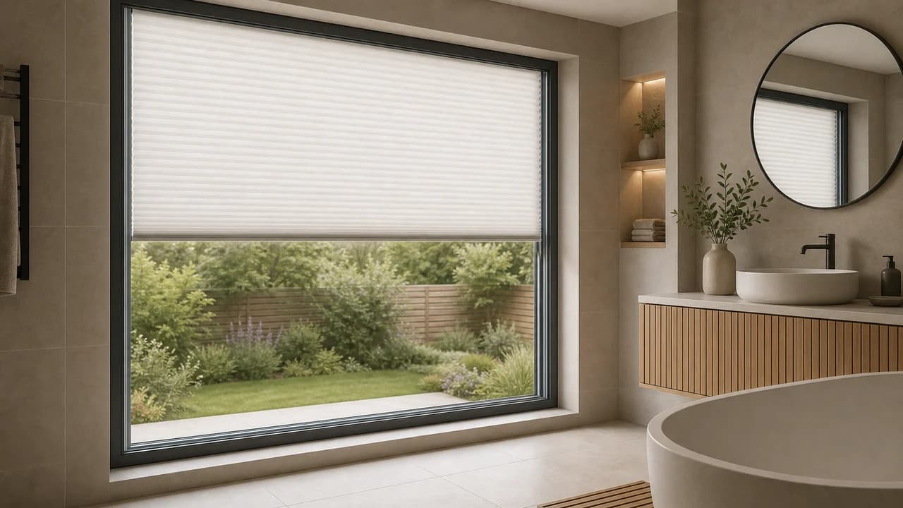 Bathroom window with pleated blinds sealed inside the glass for privacy