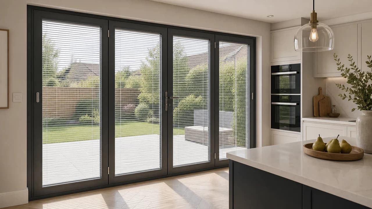 Modern bifold doors with magnetic blinds sealed inside the glass