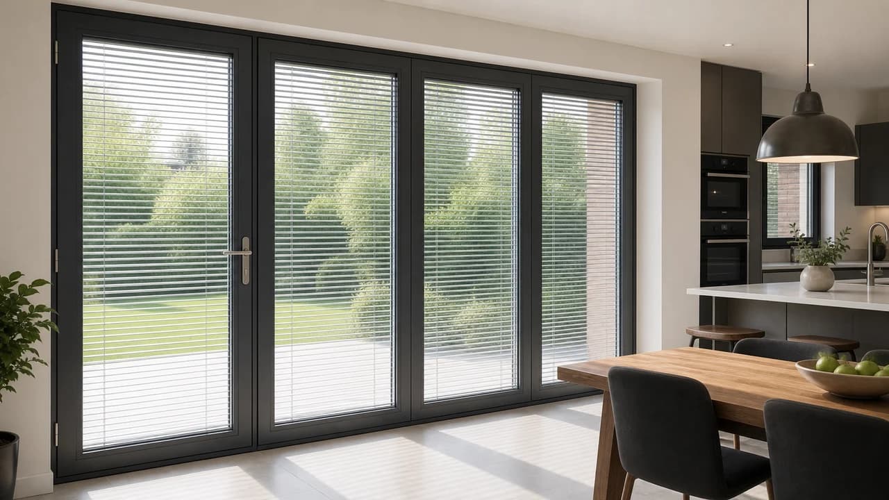 Modern kitchen-diner patio doors with venetian blinds sealed inside the glass