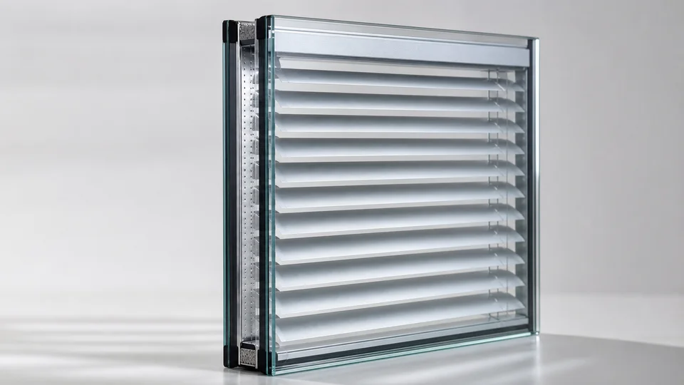 Close-up of venetian slats sealed between panes of a double-glazed unit