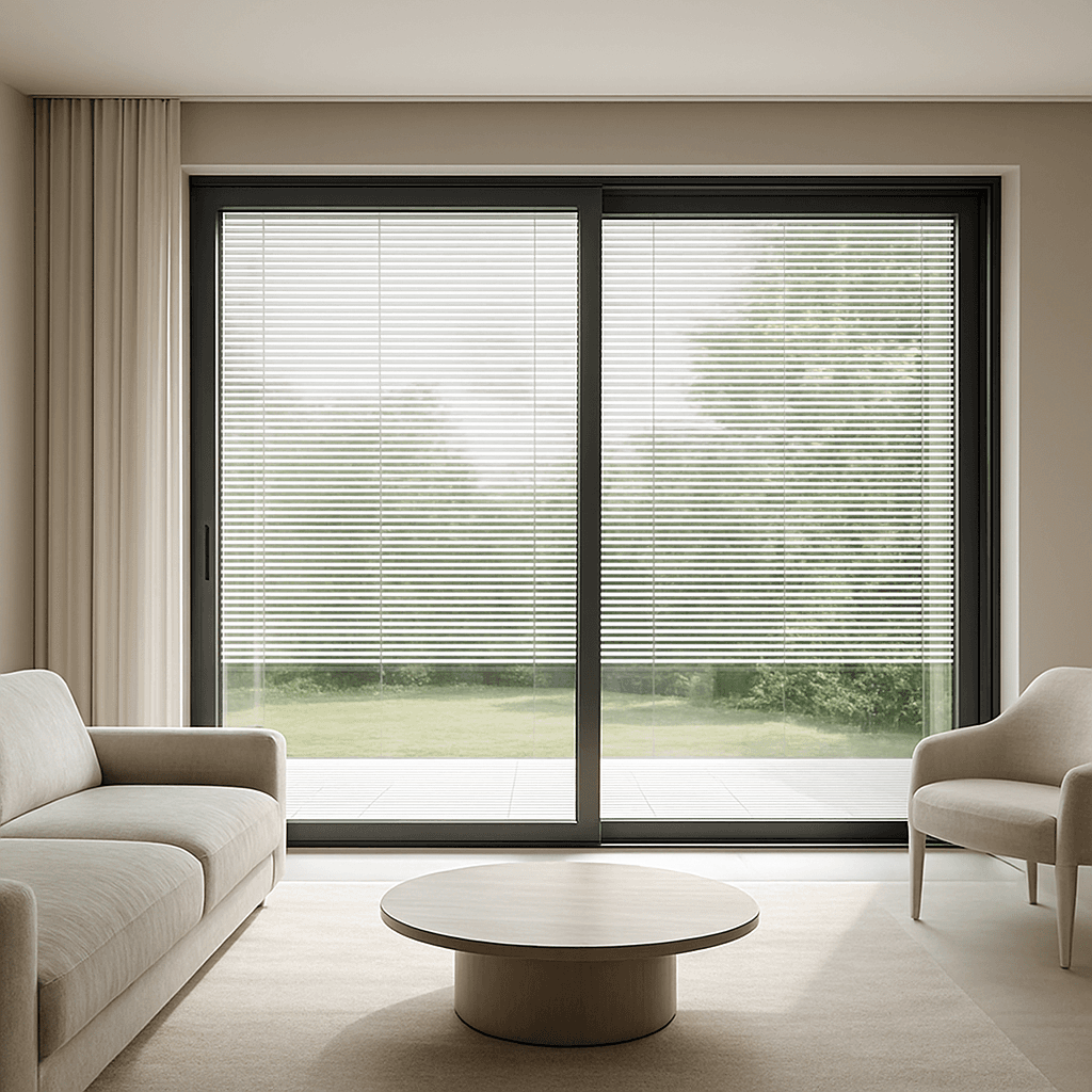 Slimline blinds sealed inside large sliding patio door glass